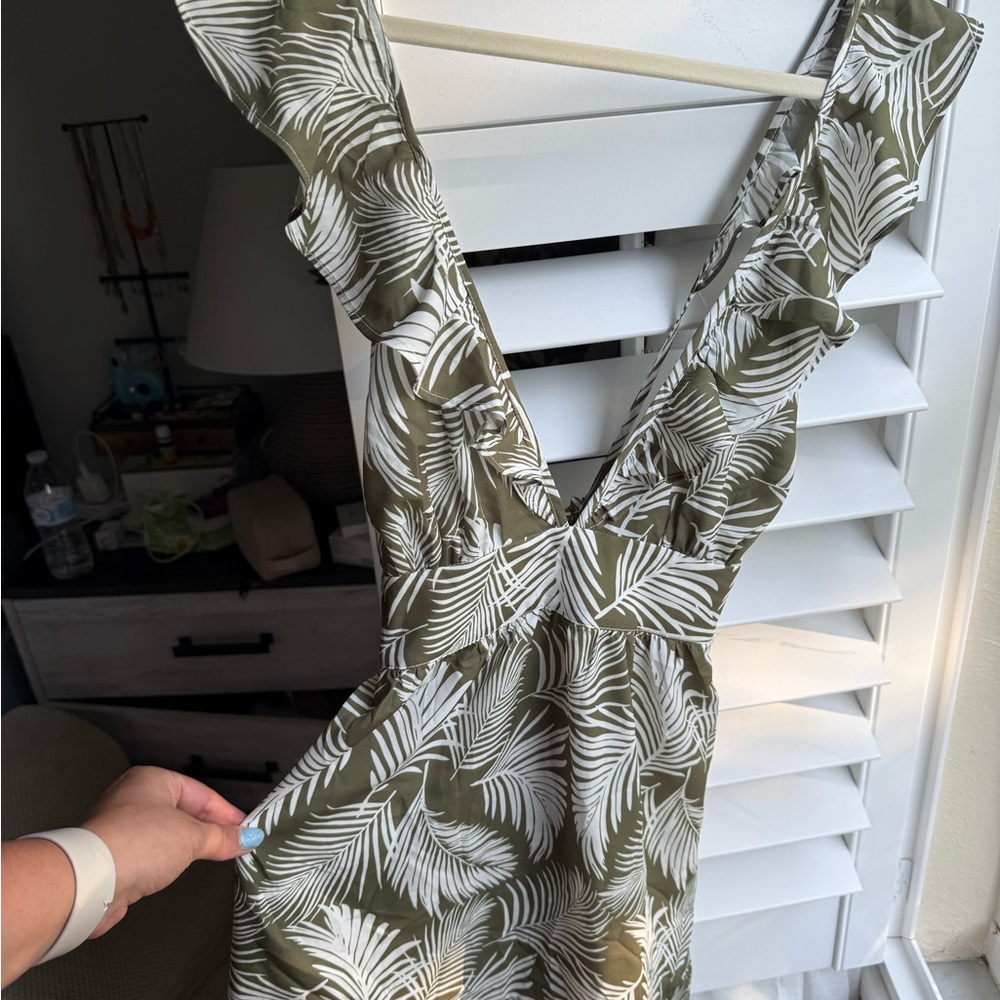Green and White Tropical Midi Dress with Ruffle Details